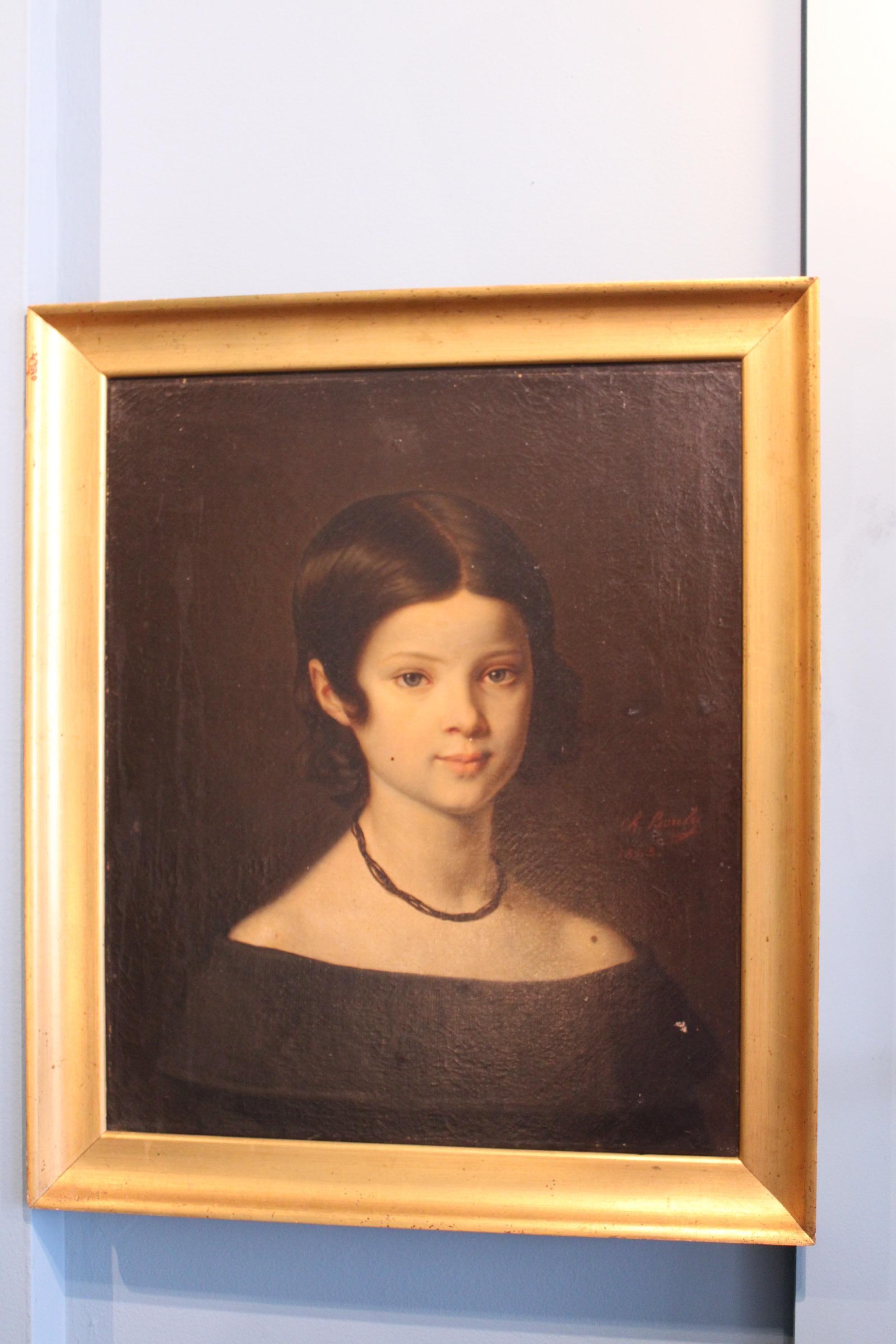 Painting woman portrait, 19th century In Distressed Condition For Sale In Paris, FR