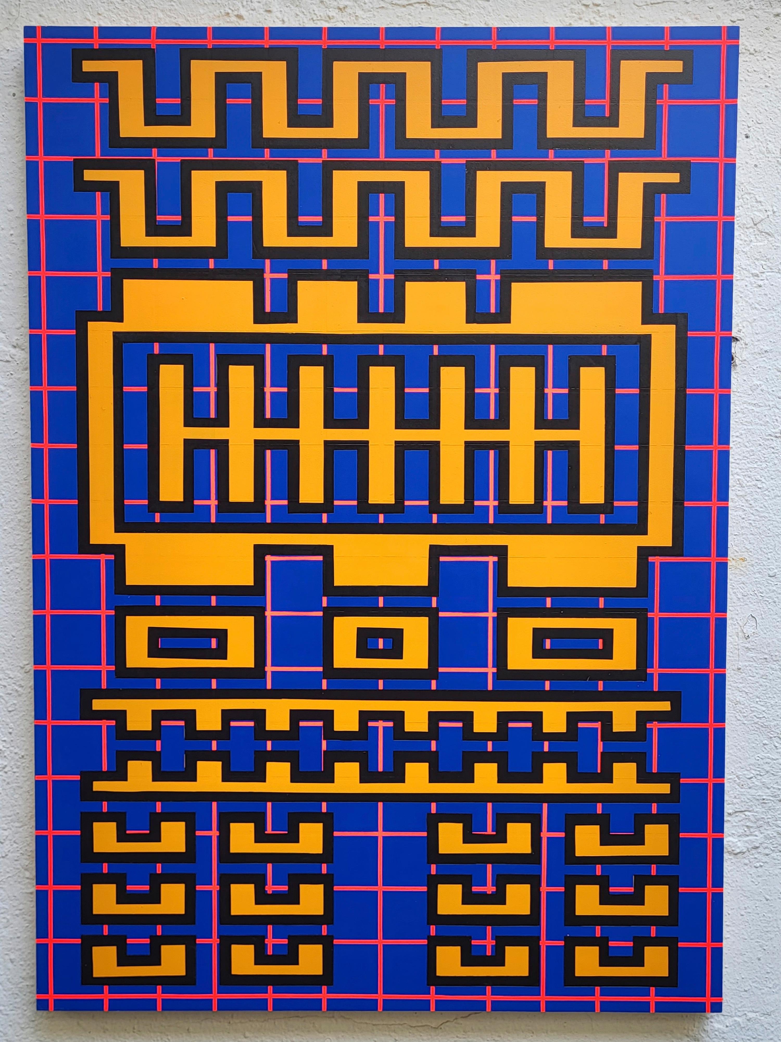Modern Painting Yellow Blue Contemporary Geometric Futuristic Acrylic Spray on Wood A17 For Sale