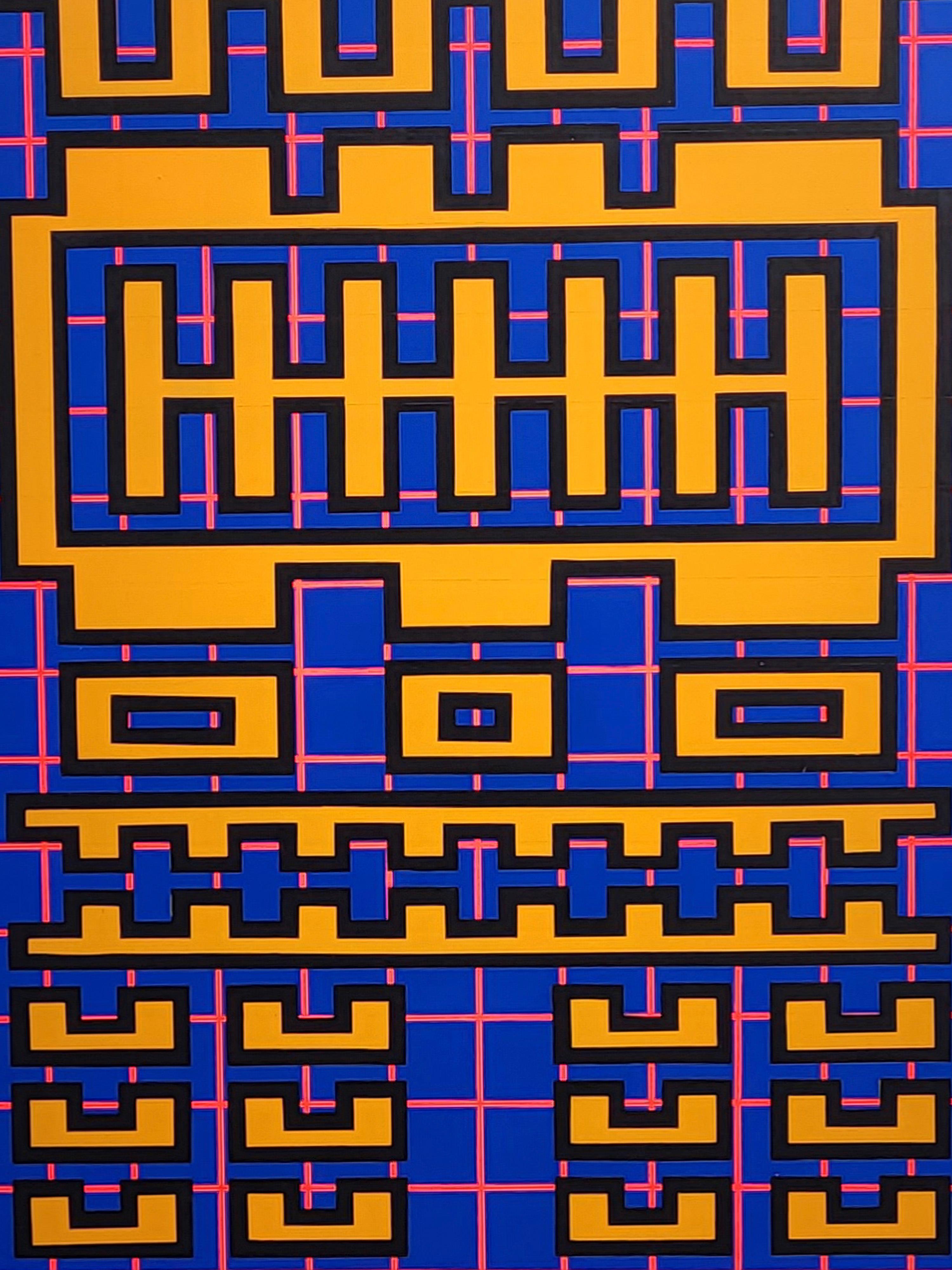 Spanish Painting Yellow Blue Contemporary Geometric Futuristic Acrylic Spray on Wood A17 For Sale