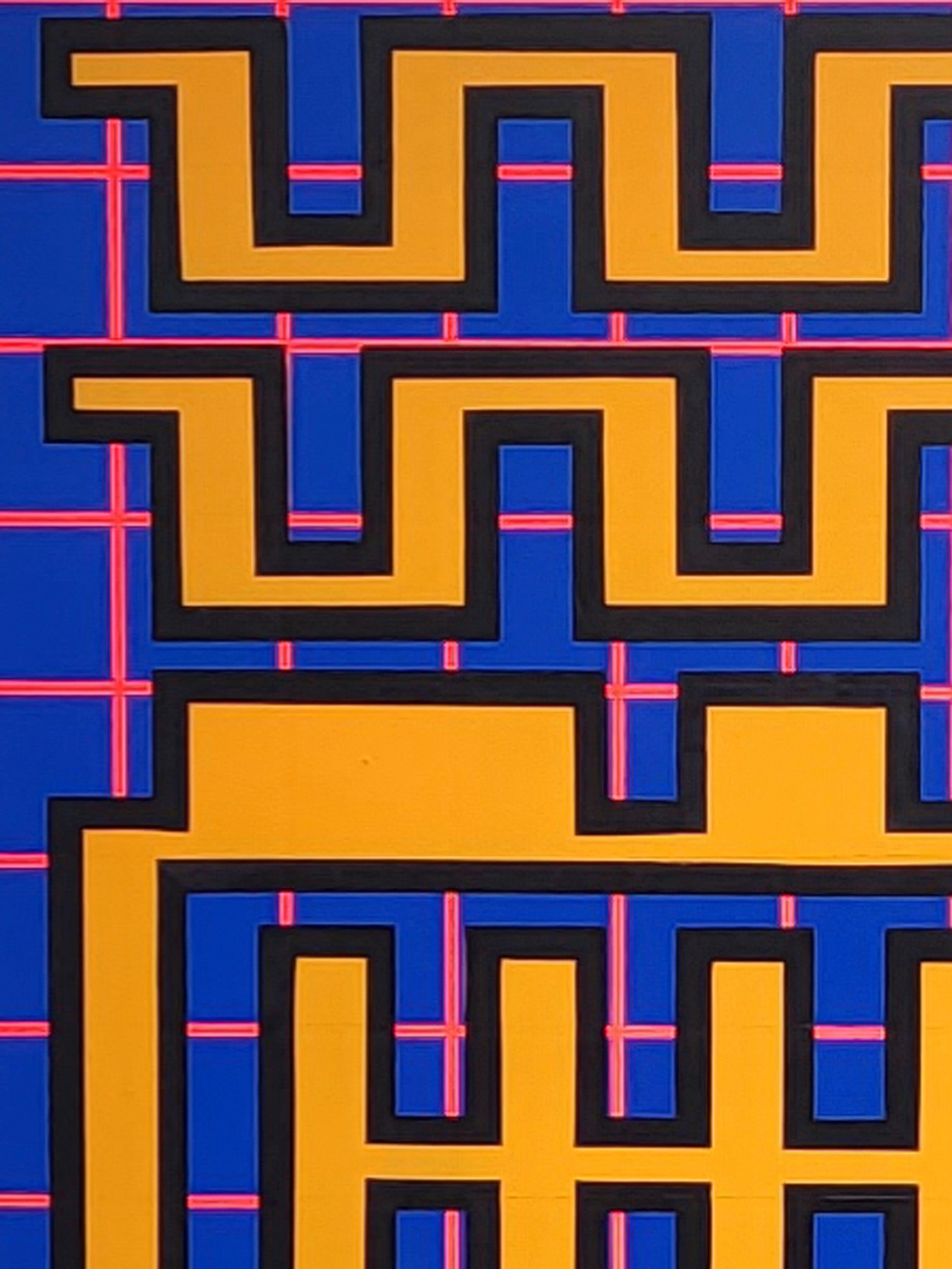 Hand-Painted Painting Yellow Blue Contemporary Geometric Futuristic Acrylic Spray on Wood A17 For Sale