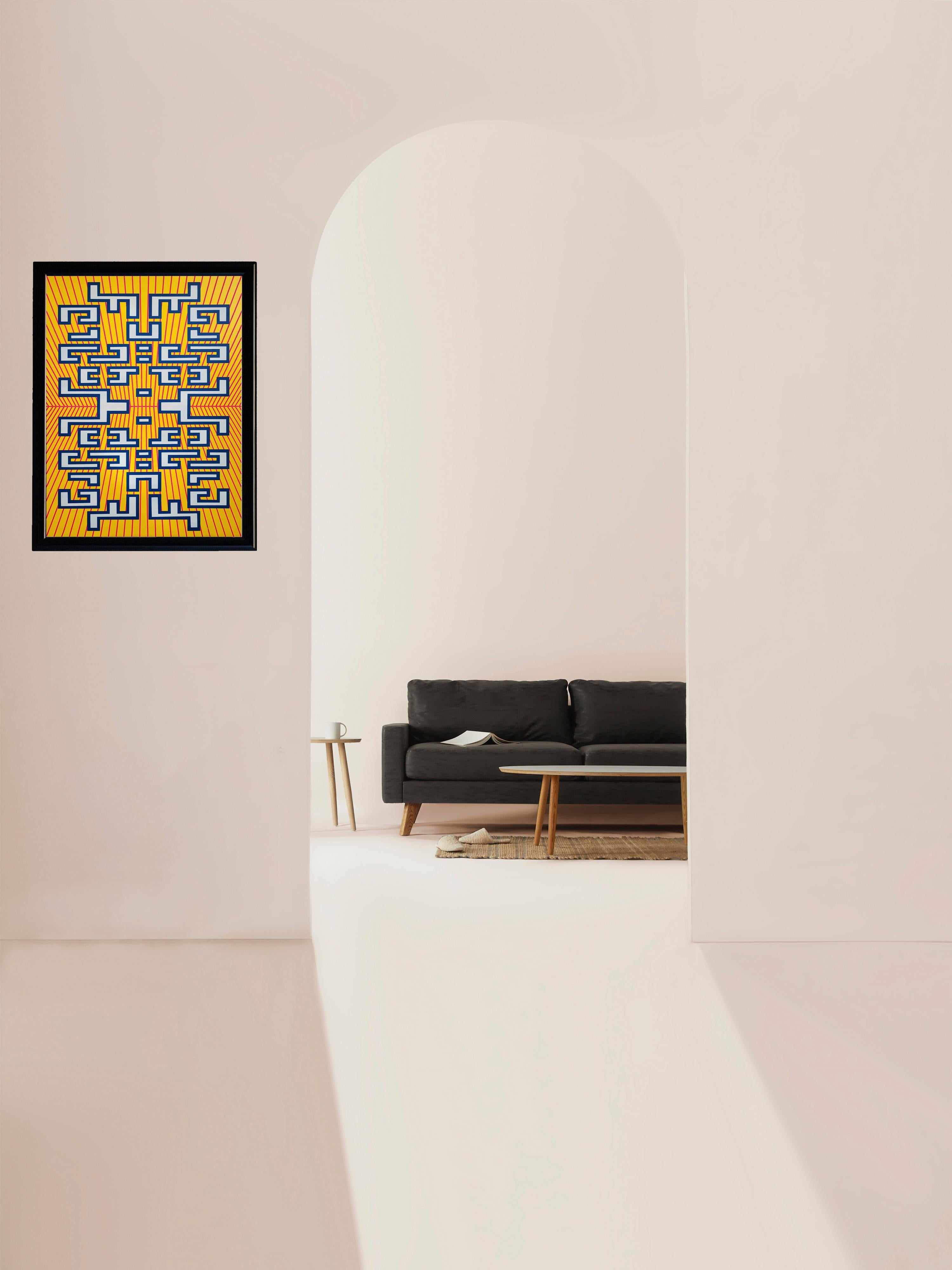 Gelbes zeitgenössisches, geometrisches, futuristisches Gemälde mit Acrylsprühung auf Holz A-11 (Moderne) im Angebot