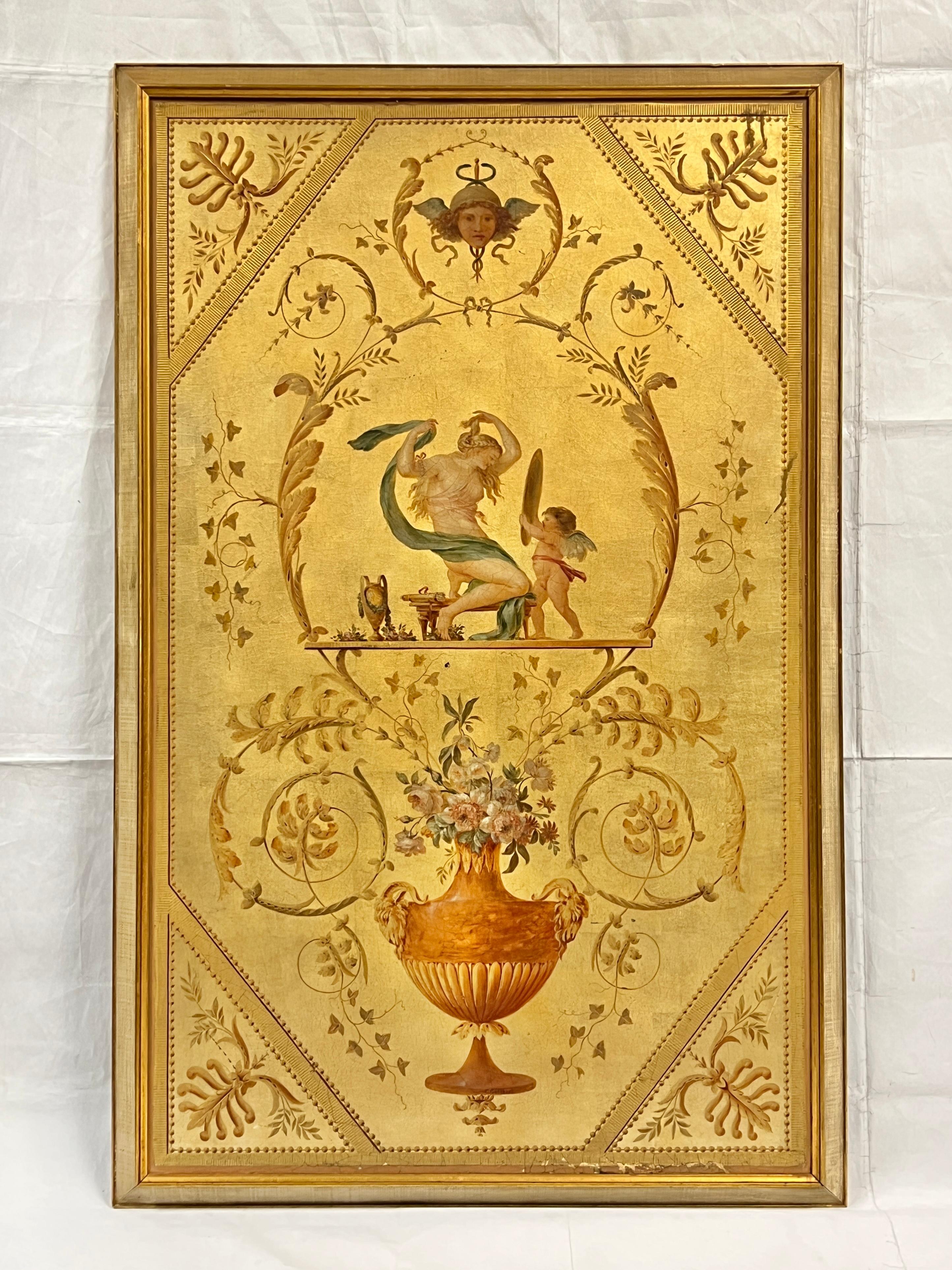 Exceptional antique (late 19th to early 20th century) paintings on canvas laid on wooden panels after the door panels by Pierre Rousseau installed in 1786 in Marie Antoinette's boudoir at Chateau Fountainebleau. Each in their original giltwood frame