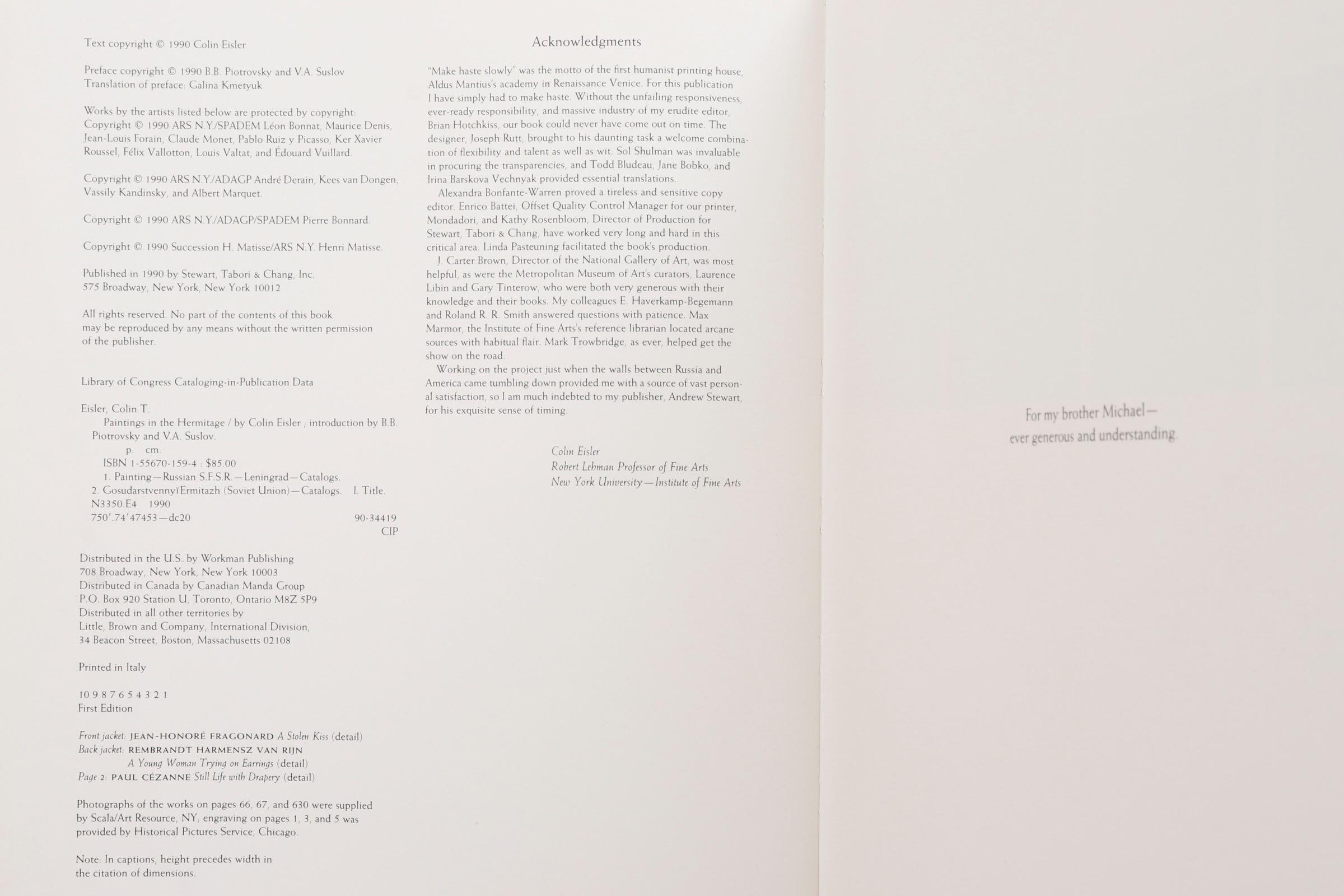Peintures de l'Ermitage par Colin Eisler. Livre de table à couverture rigide avec jaquette. Première édition publiée en 1990 par Stewart, Tabori & Chang de New York. Imprimé en Italie. Illustré, 653 pages.
