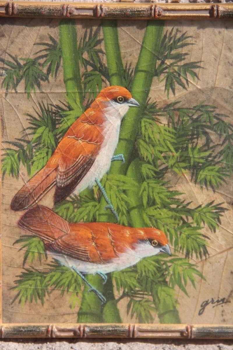 Paintings of birds on leaves 1970s art decoration.