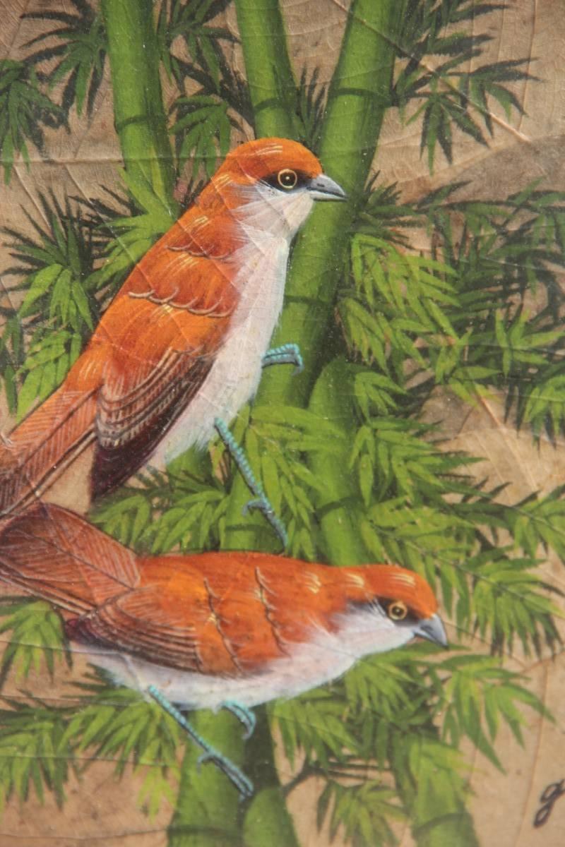 Late 20th Century Paintings of Birds on Leaves 1970s Art Decoration