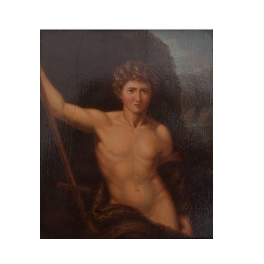 Painting in oil on wood, depicting John the Baptist as a young boy. John is naked except for his fur cloak and supports himself on a cross. His gaze is straightforward and the dark, blurry background shows a bay in the distance. The picture is