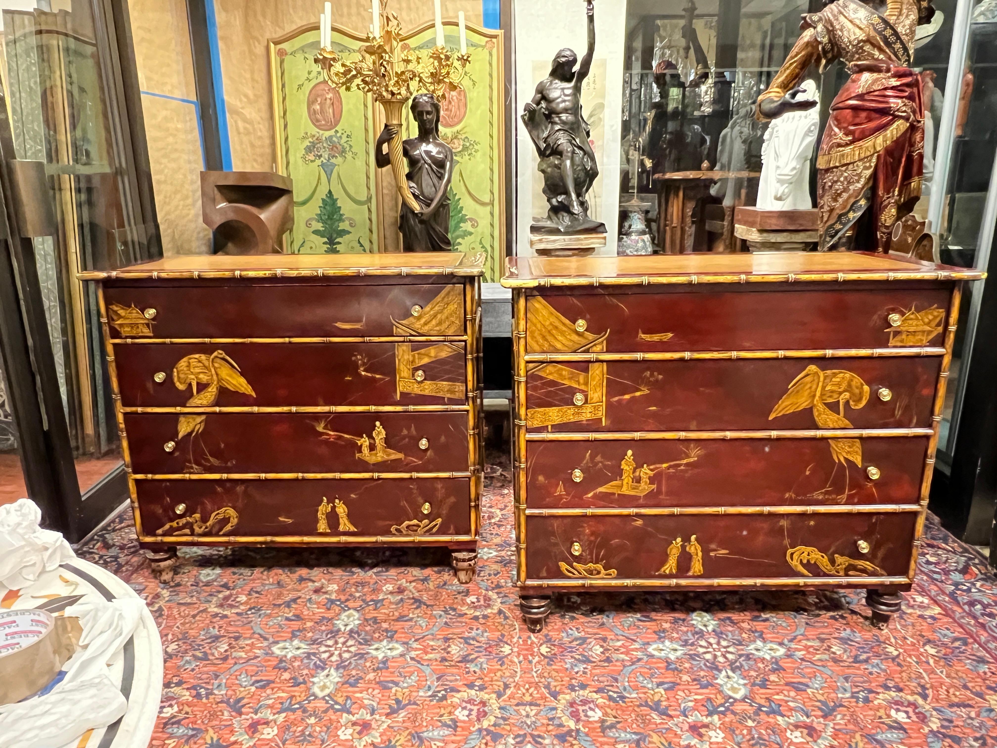 Pair of finely crafted chests of drawers in the chinoiserie style with lacquered or japanned finish, with faux bamboo frame and charming panels depicting figures, standing cranes, buildings and foliage, with inlaid embossed leather tops with