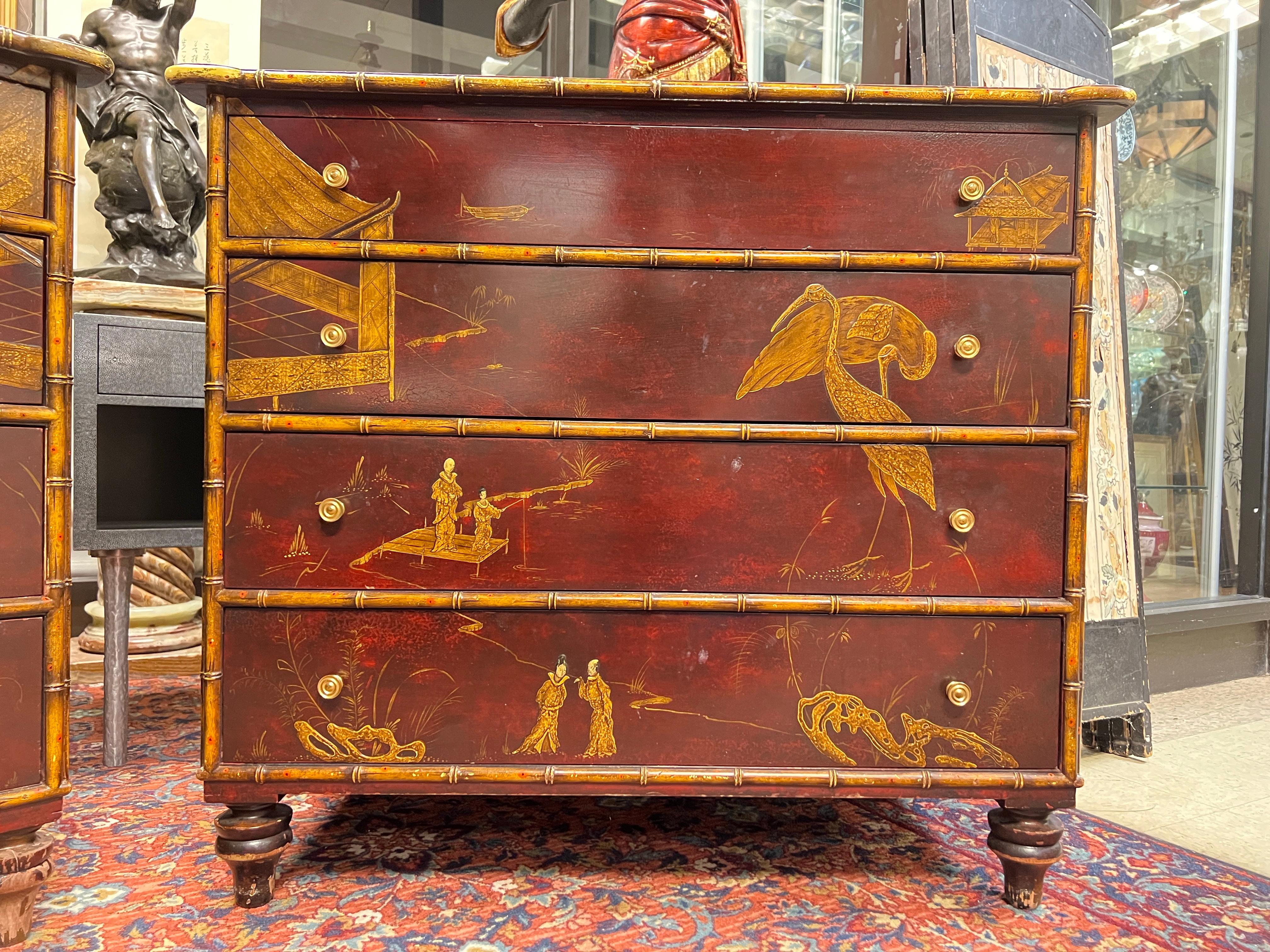 Early 20th Century Pair 0f Engelish Regency style  Chinoiserie Japanned Dressers / Chest of Drawers