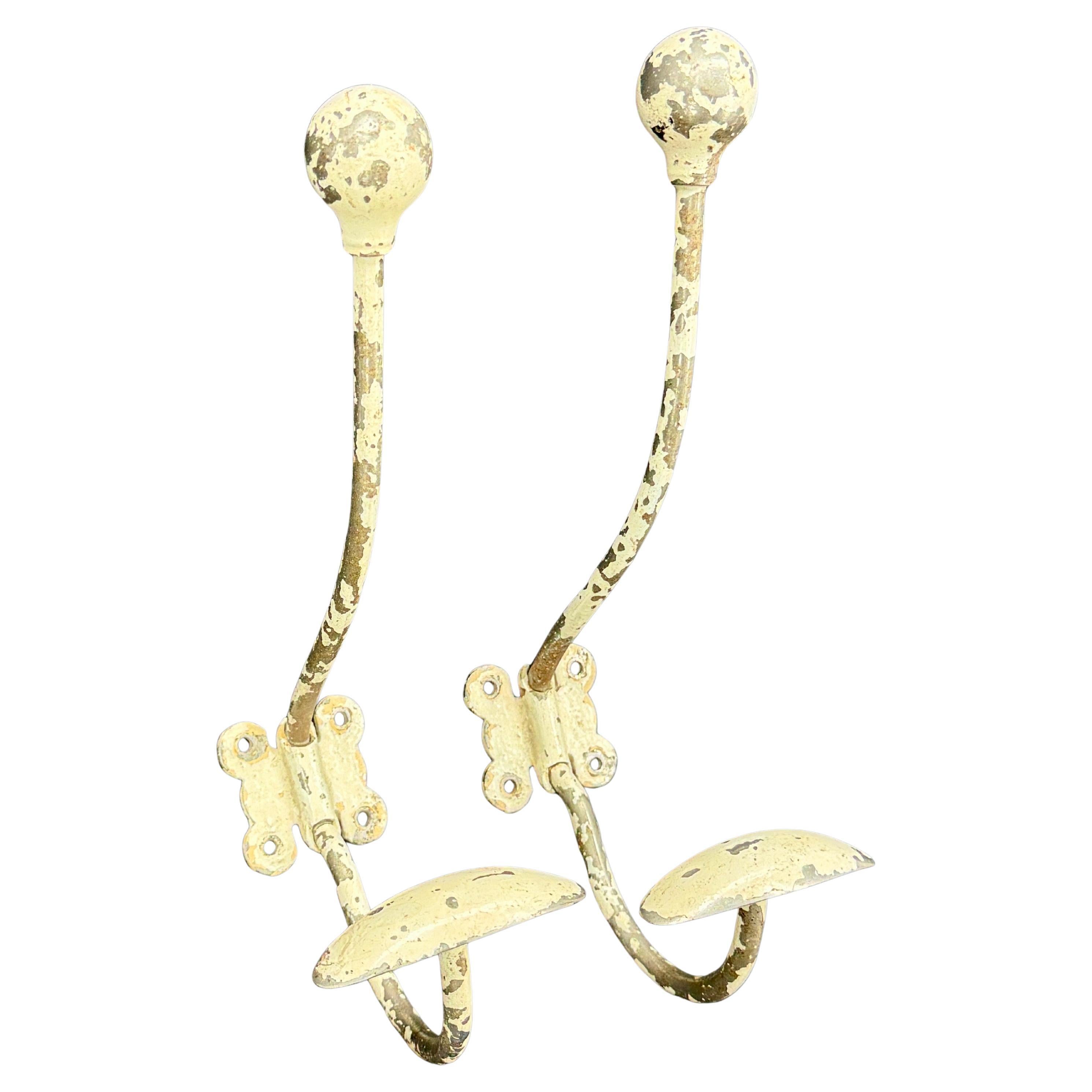 Pair 0f Vintage French Iron Metal Wall Hooks Coat Racks For Sale