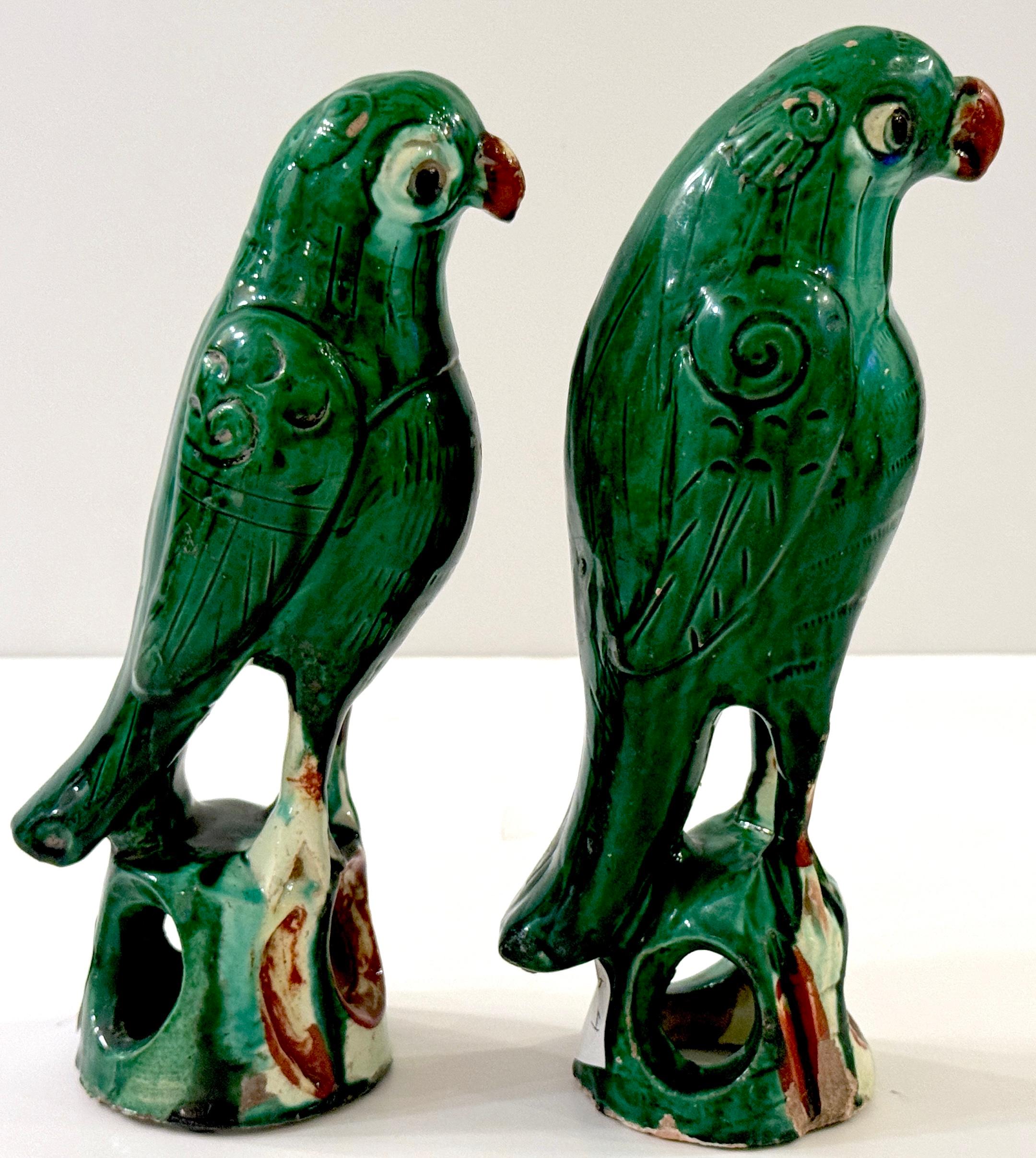 Pair #1  Chinese Export Porcelain Green Sancai Glazed Parrots 6