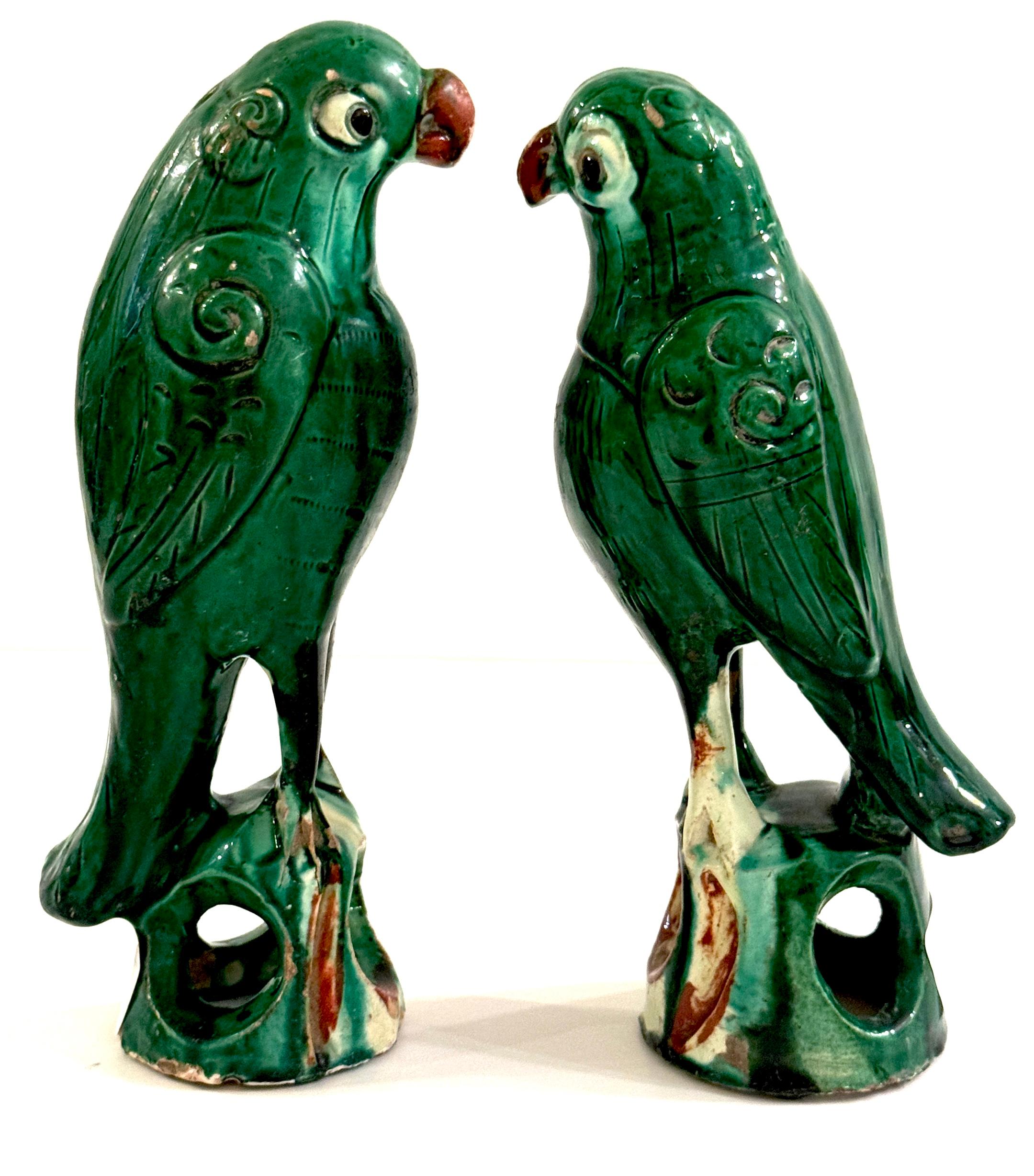 Pair #1  Chinese Export Porcelain Green Sancai Glazed Parrots In Good Condition In West Palm Beach, FL