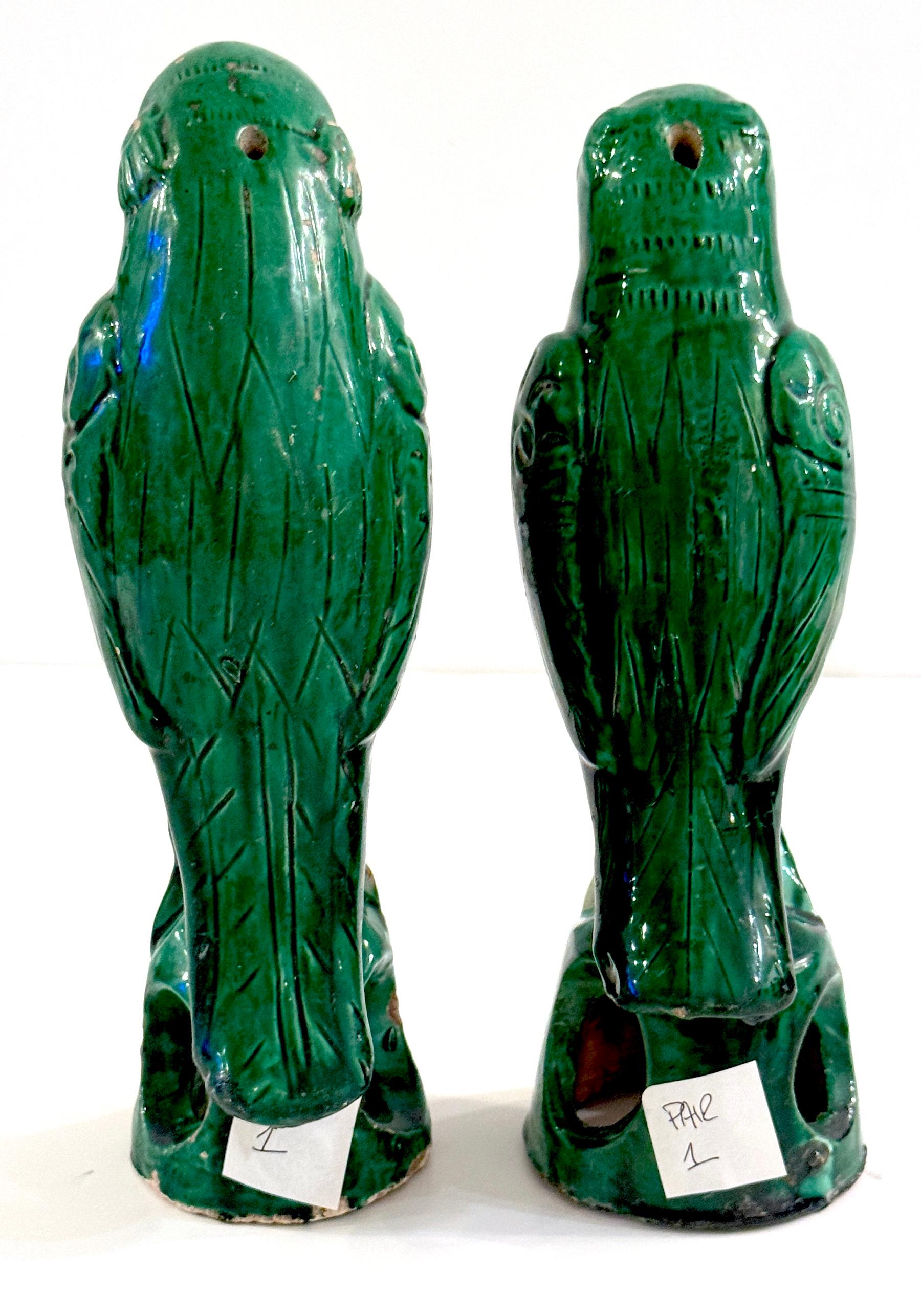 19th Century Pair #1  Chinese Export Porcelain Green Sancai Glazed Parrots