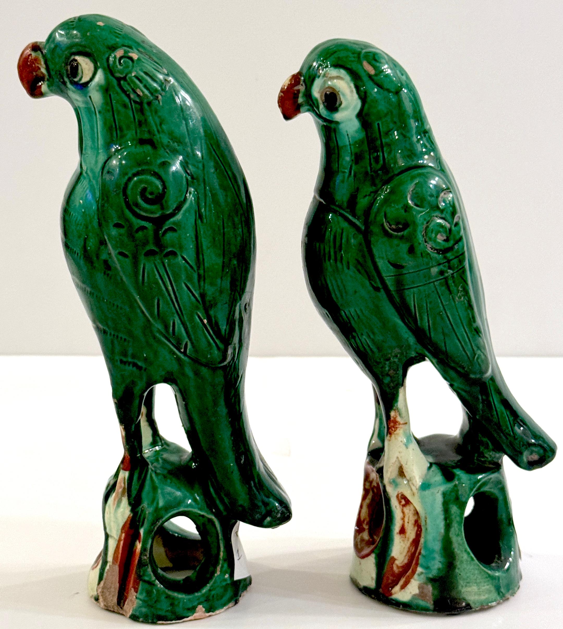 Pair #1  Chinese Export Porcelain Green Sancai Glazed Parrots 2