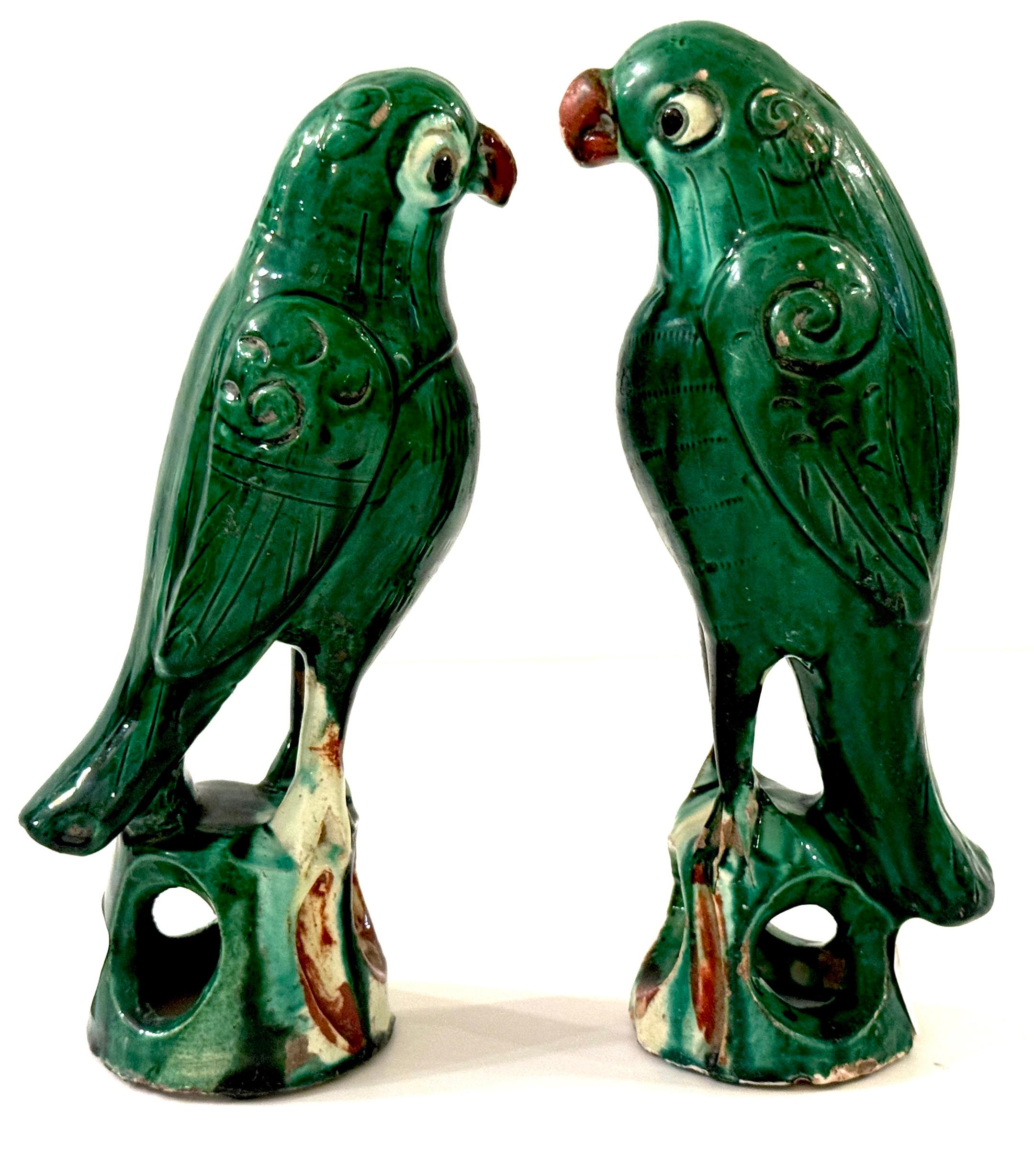 Pair #1  Chinese Export Porcelain Green Sancai Glazed Parrots 4