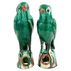 Pair #1  Chinese Export Porcelain Green Sancai Glazed Parrots