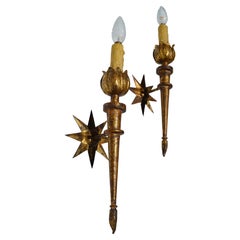 Pair, 1 Light Ferrocolor Gilt Metal Sconces Wall Lamp Mid-Century Modern Spain