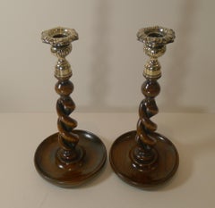 Pair 10 1/2" Antique English Oak Barley Twist Candlesticks, Brass Thistle Tops