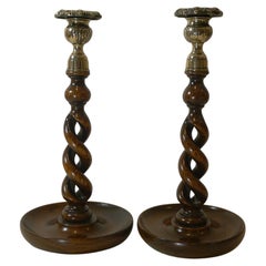 Pair 10 1/2" Antique English Oak Barley Twist Candlesticks, Brass Thistle Tops