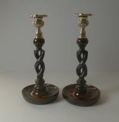 Pair Antique English Oak Barley Twist Candlesticks, Brass Thistle Tops