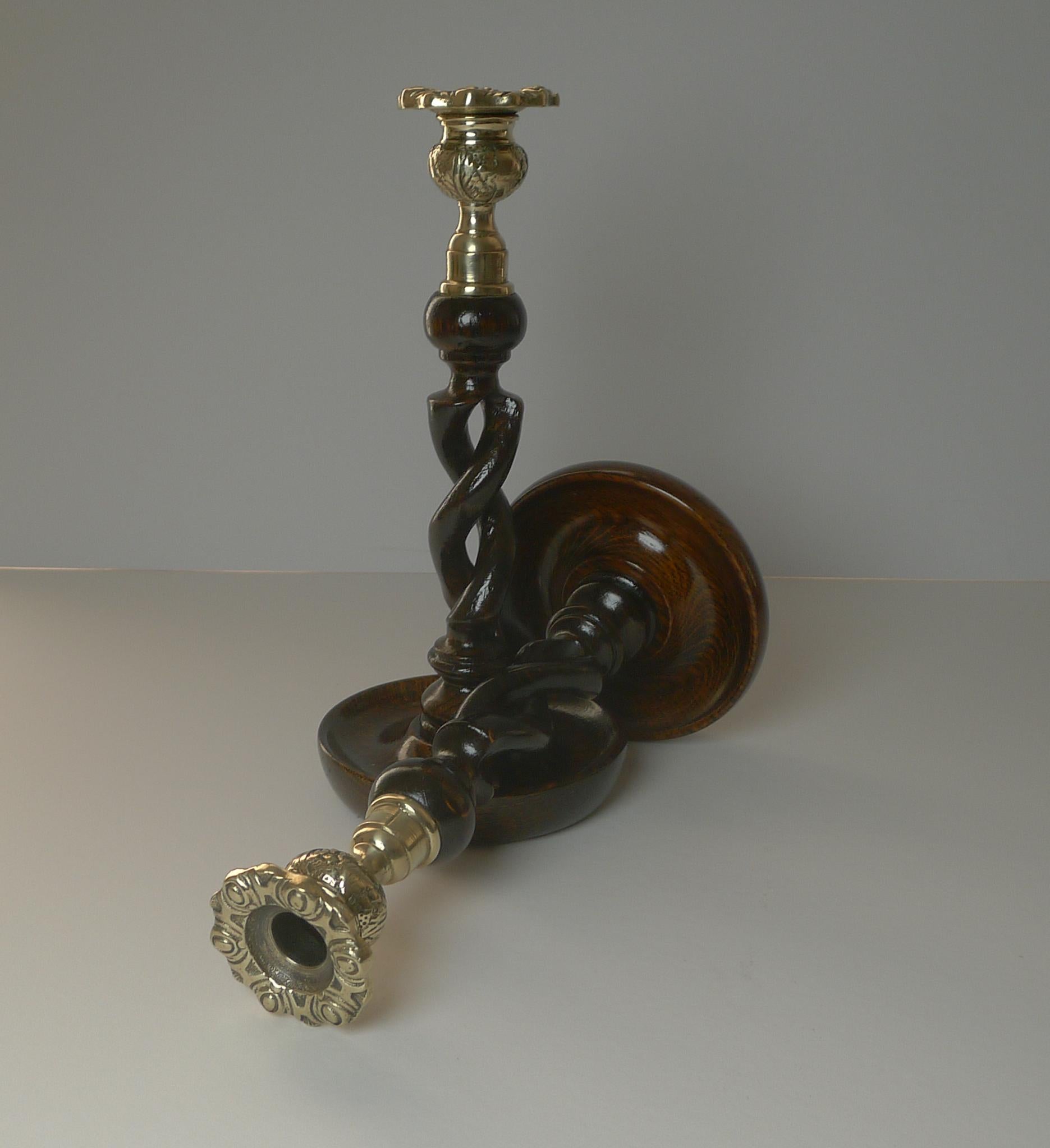 Hand-Carved Pair Antique English Oak Barley Twist Candlesticks, Brass Thistle Tops