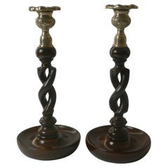 Pair Antique English Oak Barley Twist Candlesticks, Brass Thistle Tops