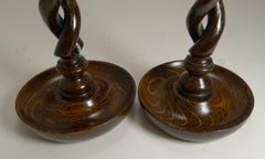 Pair of Antique English Oak Barley Twist Candlesticks, Brass Thistle Tops