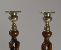 Pair Antique English Oak Barley Twist Candlesticks, Brass Thistle Tops
