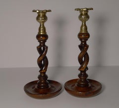 Pair of Antique English Oak Barley Twist Candlesticks, Brass Thistle Tops
