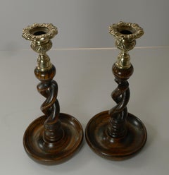 Pair Antique English Oak Barley Twist Candlesticks, Brass Thistle Tops