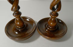 Pair 10" Antique English Oak Barley Twist Candlesticks, Brass Thistle Tops