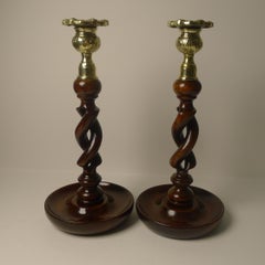 Pair 10" Antique English Oak Barley Twist Candlesticks, Brass Thistle Tops