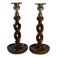 Pair Antique English Oak Barley Twist Candlesticks, Brass Thistle Tops