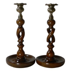 Pair 10" Antique English Oak Barley Twist Candlesticks, Brass Thistle Tops