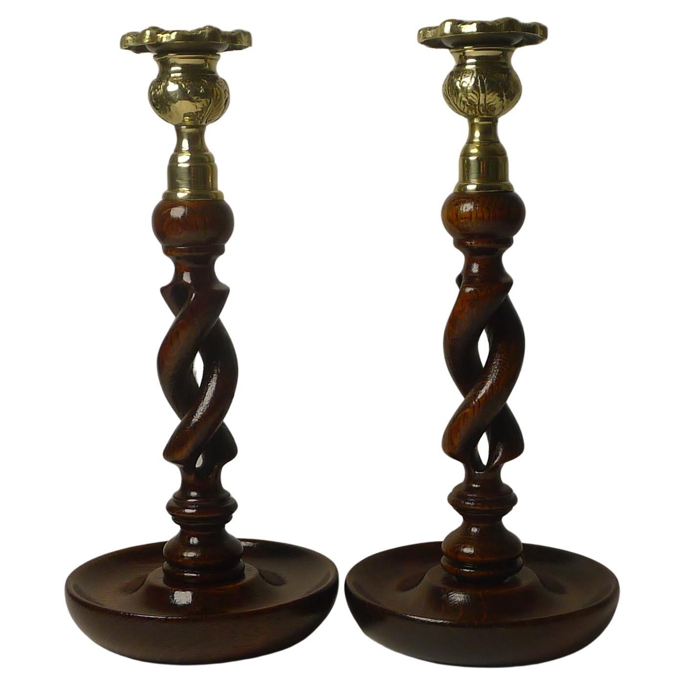 Pair of Antique English Oak Barley Twist Candlesticks, Brass Thistle Tops at 1stDibs