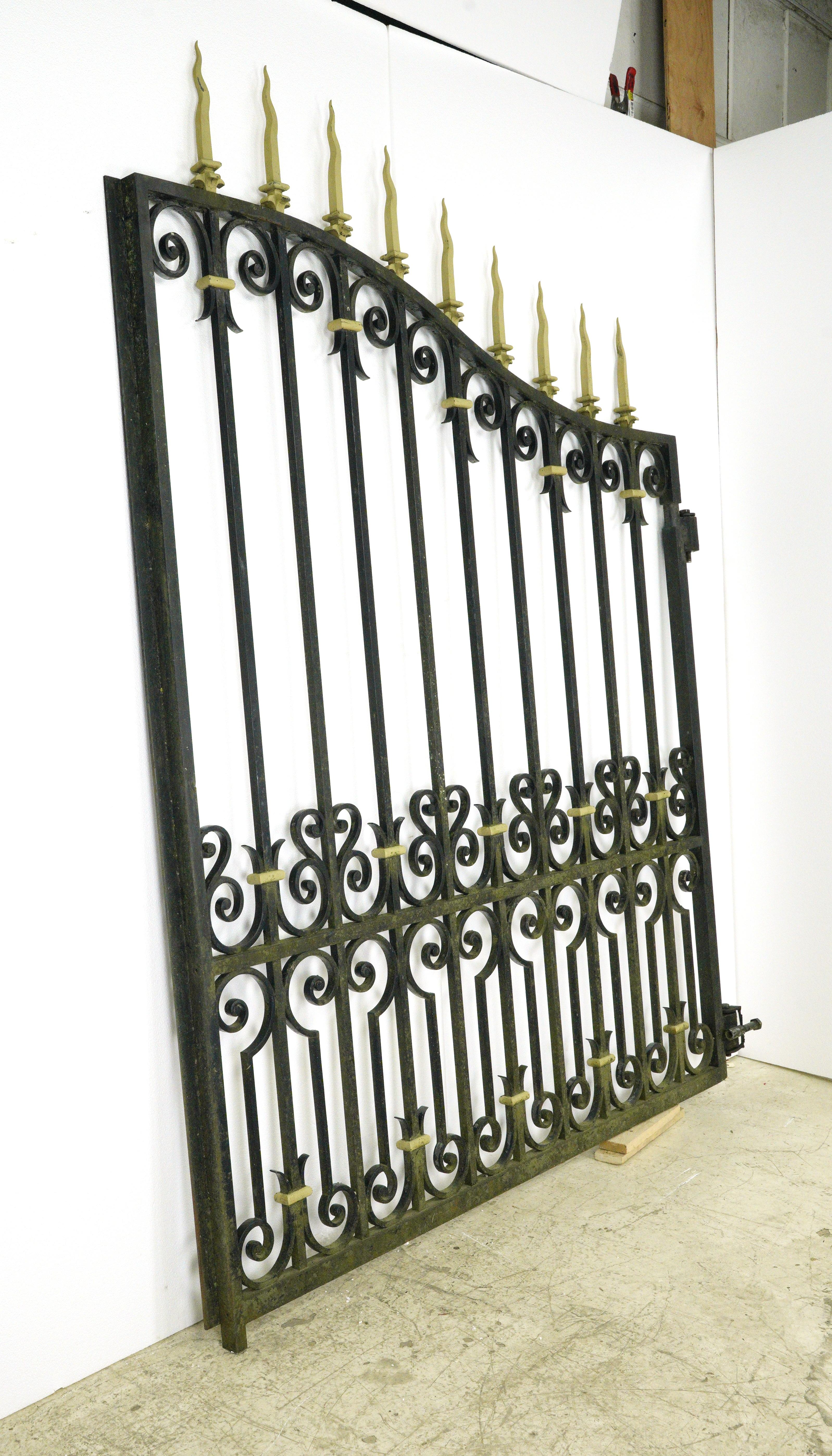Pair 11 ft Brass Accents Black Wrought Iron Driveway Gates For Sale 3