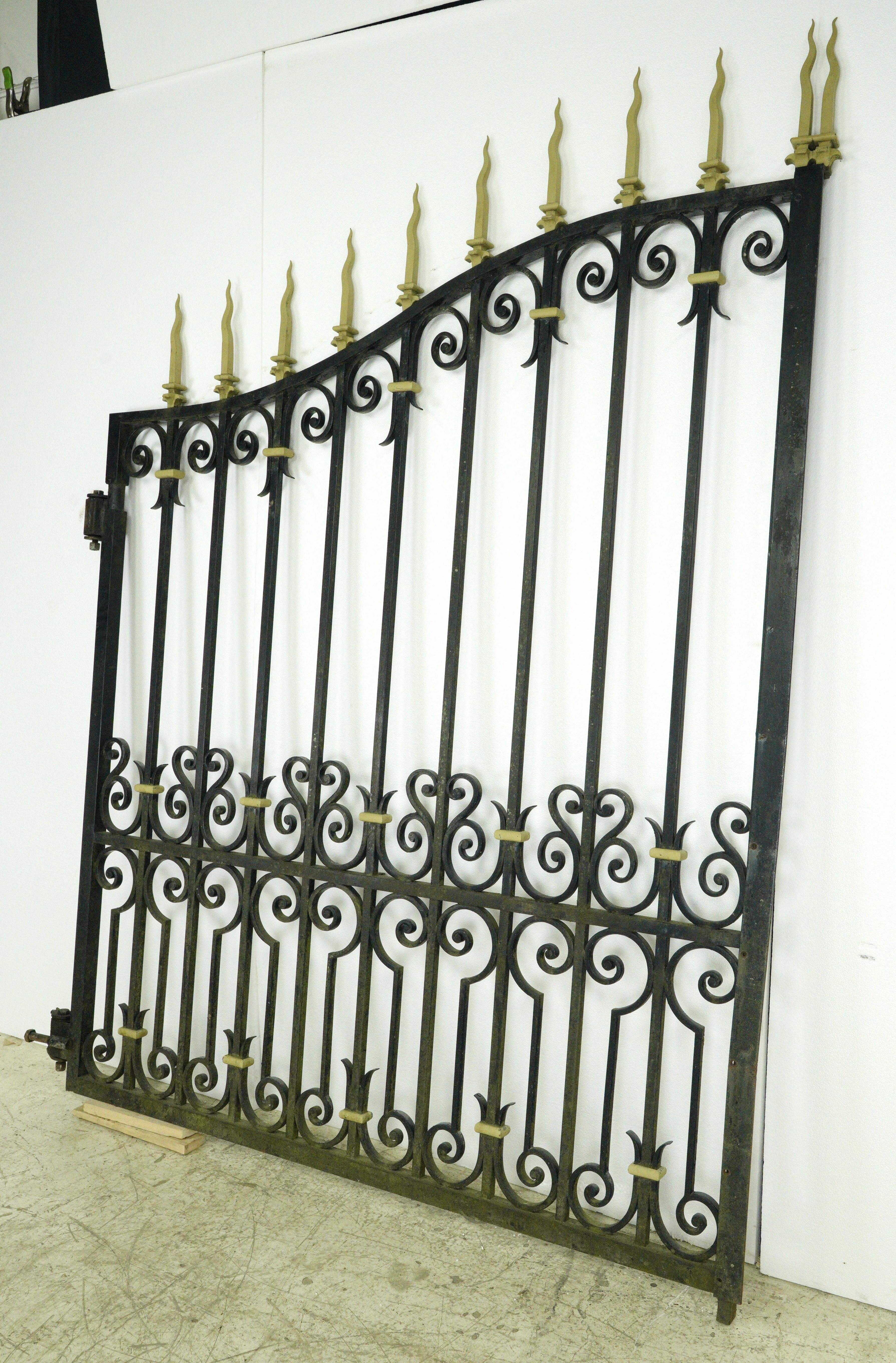 Pair 11 ft Brass Accents Black Wrought Iron Driveway Gates For Sale 8