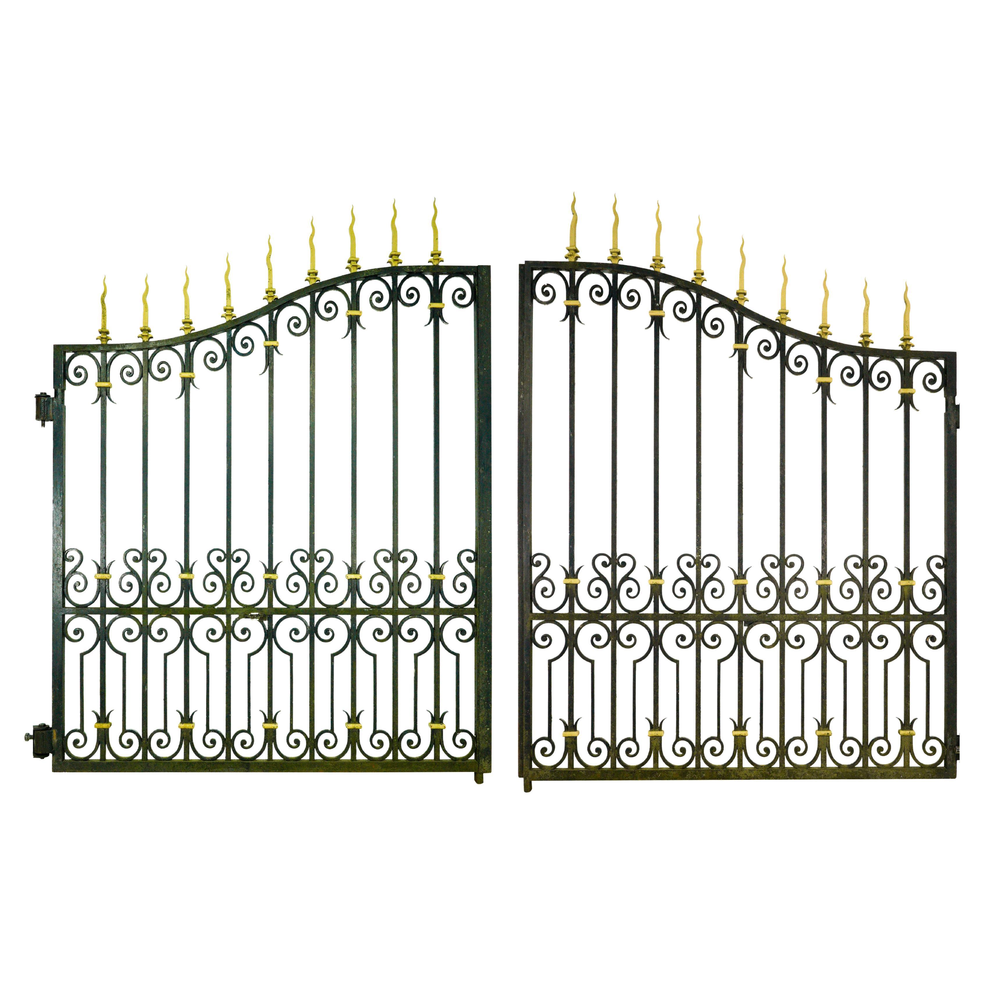 Pair 11 ft Brass Accents Black Wrought Iron Driveway Gates For Sale