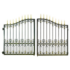 Pair 11 ft Brass Accents Black Wrought Iron Driveway Gates