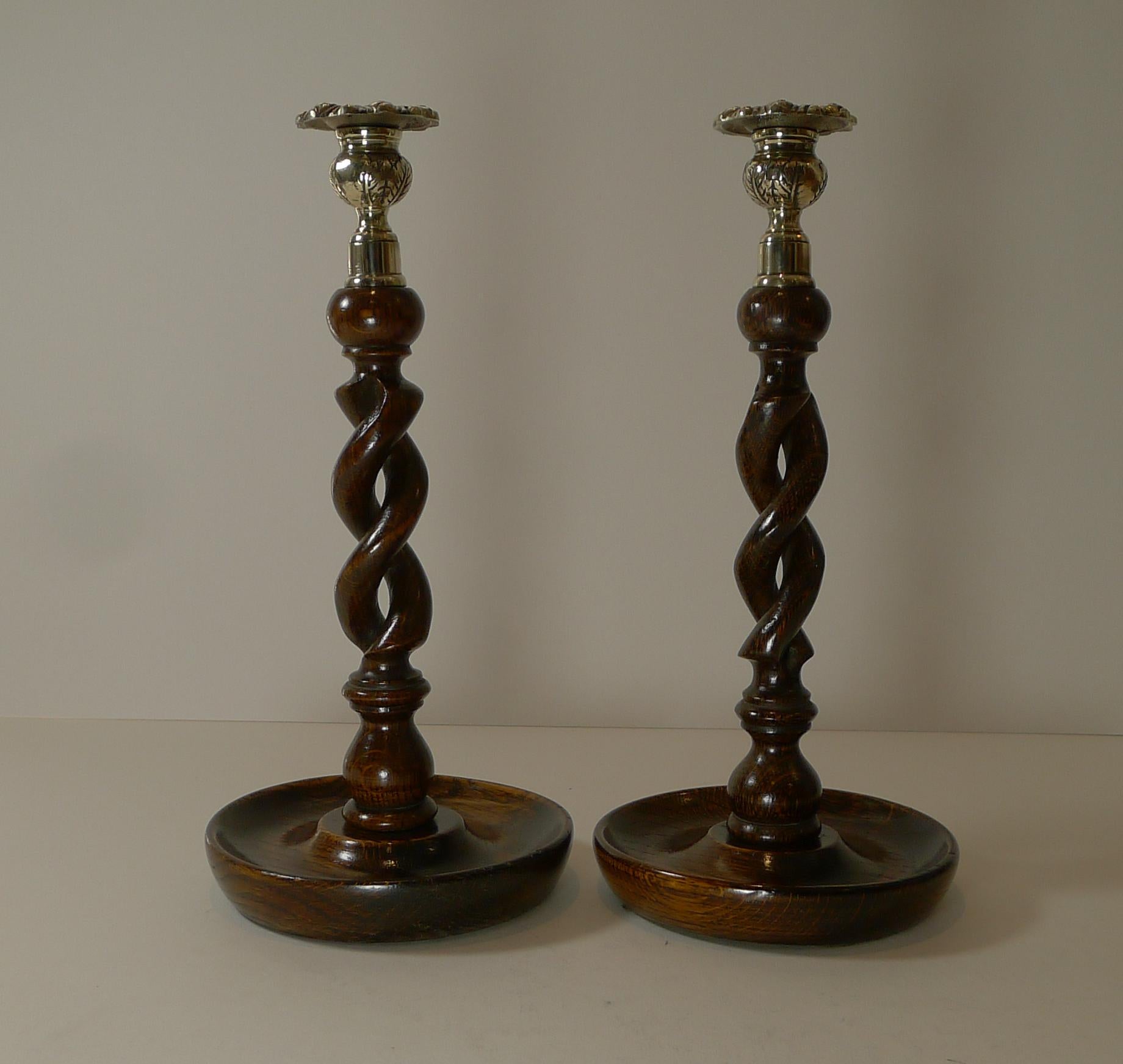Early 20th Century Pair Antique English Oak Barley Twist Candlesticks, Brass Thistle Tops