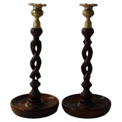 Pair 12 1/2" Antique English Oak Barley Twist Candlesticks - Brass Tops