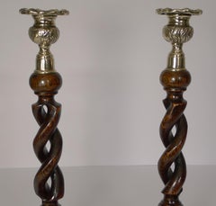 Pair of Antique English Oak Barley Twist Candlesticks, Brass Thistle Tops