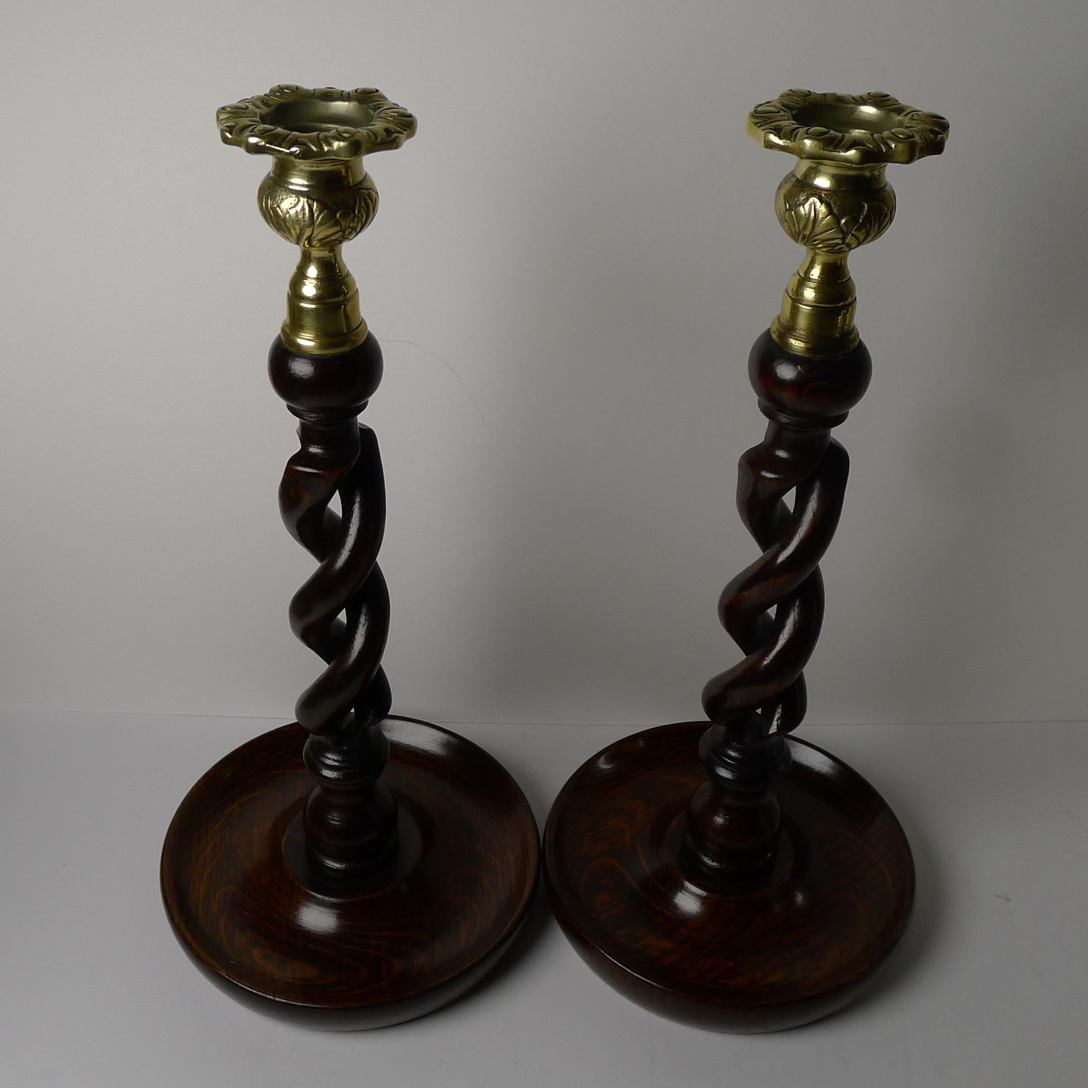 A wonderful pair of wooden candlesticks, always a winning combination, polished oak and brass.

Not to be confused with a simple pair of twists, these are the highly sought-after 