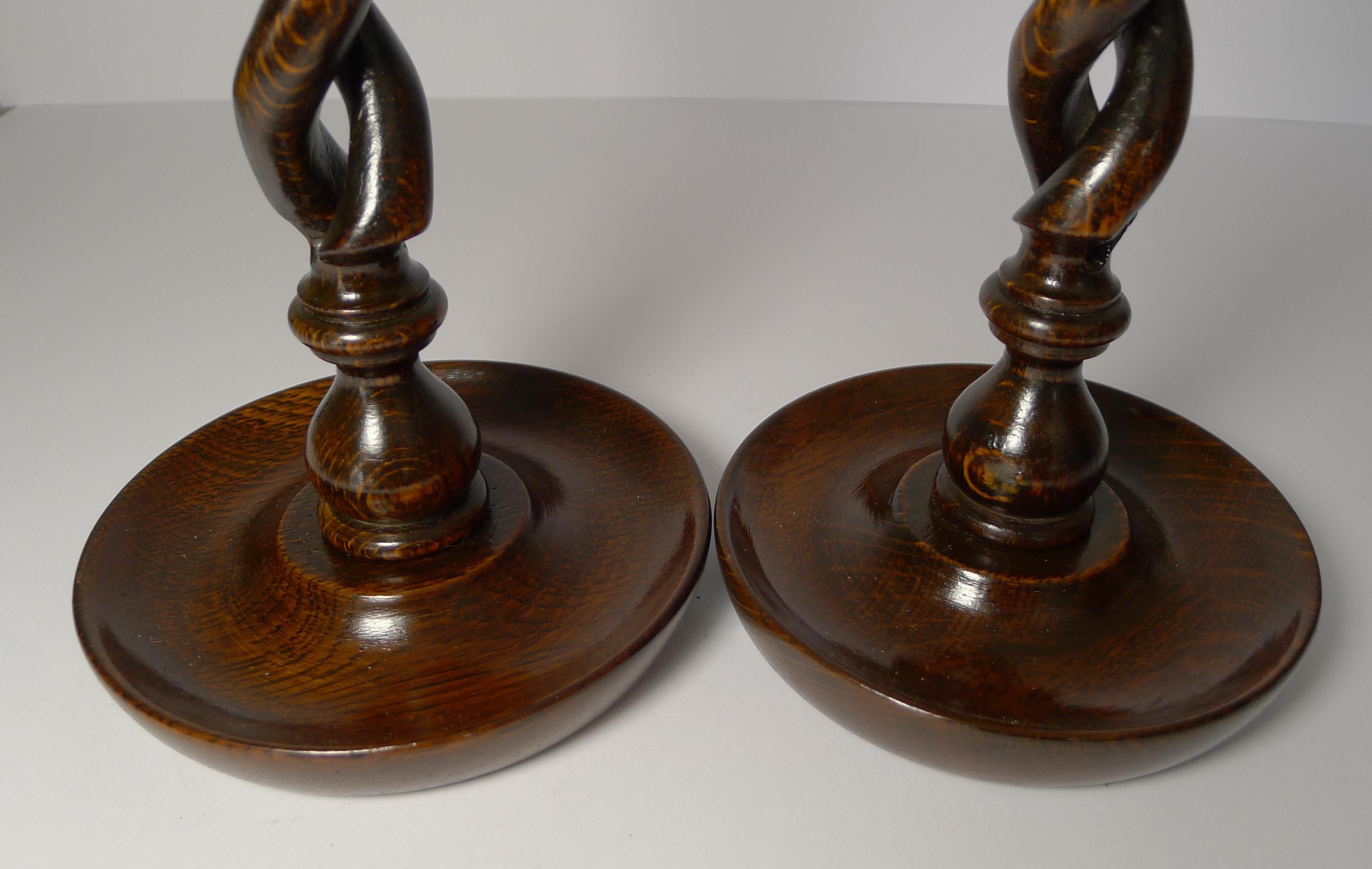 Edwardian Pair of Antique English Oak Barley Twist Candlesticks, Brass Thistle Tops