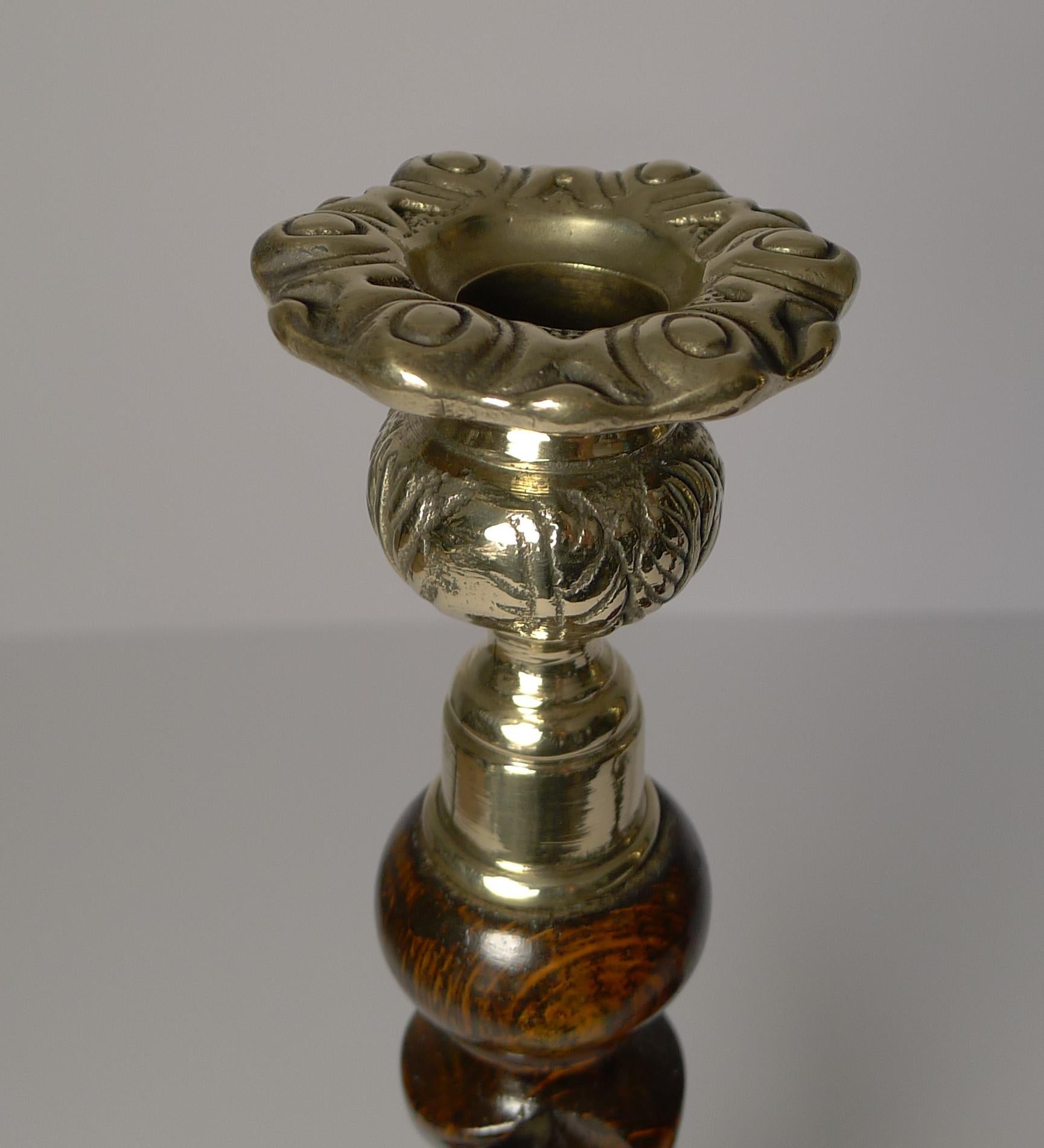 Pair of Antique English Oak Barley Twist Candlesticks, Brass Thistle Tops In Good Condition In Bath, GB