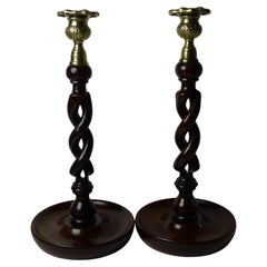 Pair Antique English Oak Barley Twist Candlesticks, Brass Thistle Tops