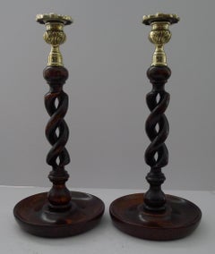 Pair 12" Antique English Oak Barley Twist Candlesticks - Brass Tops
