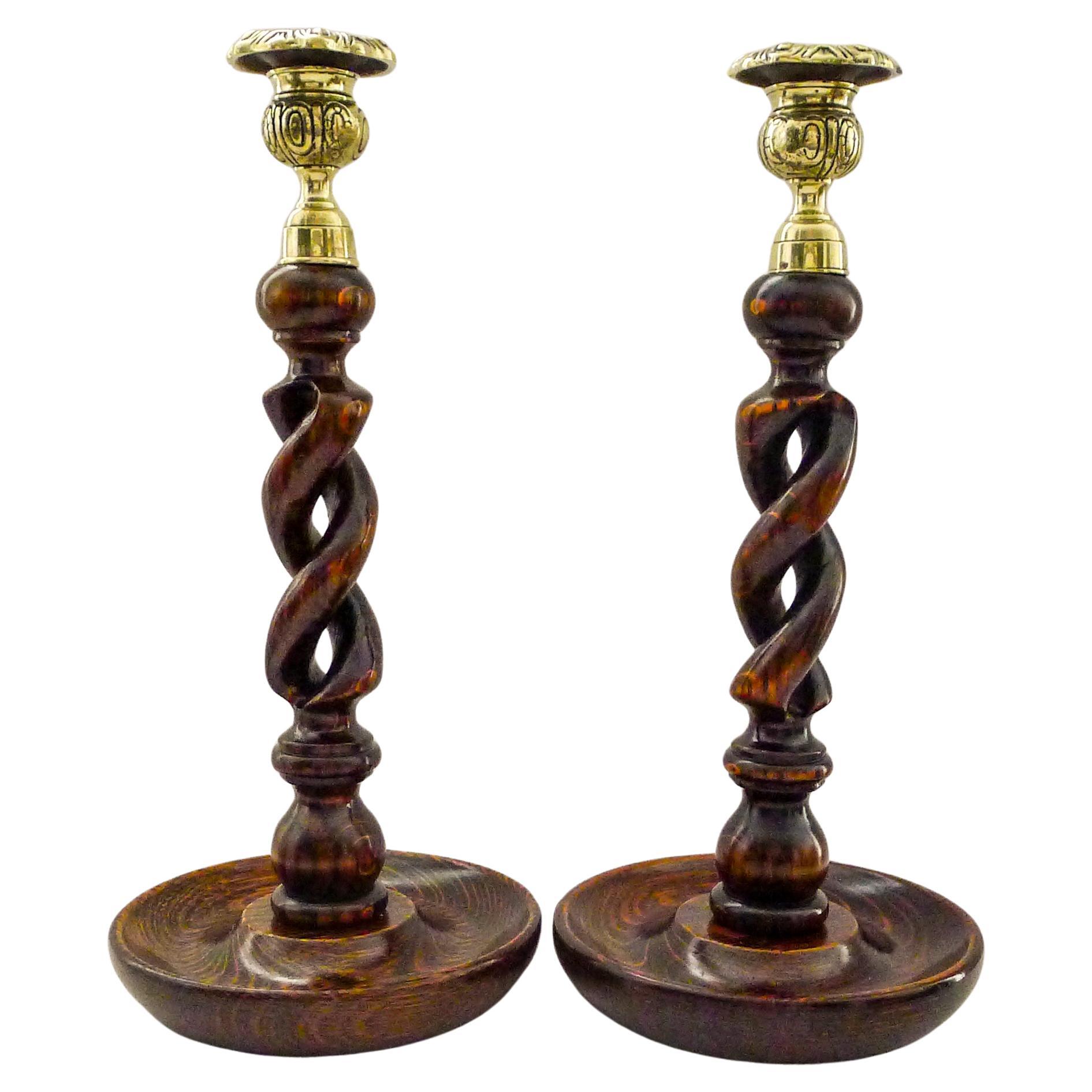 Pair 12" Antique English Oak Barley Twist Candlesticks - Brass Tops For Sale