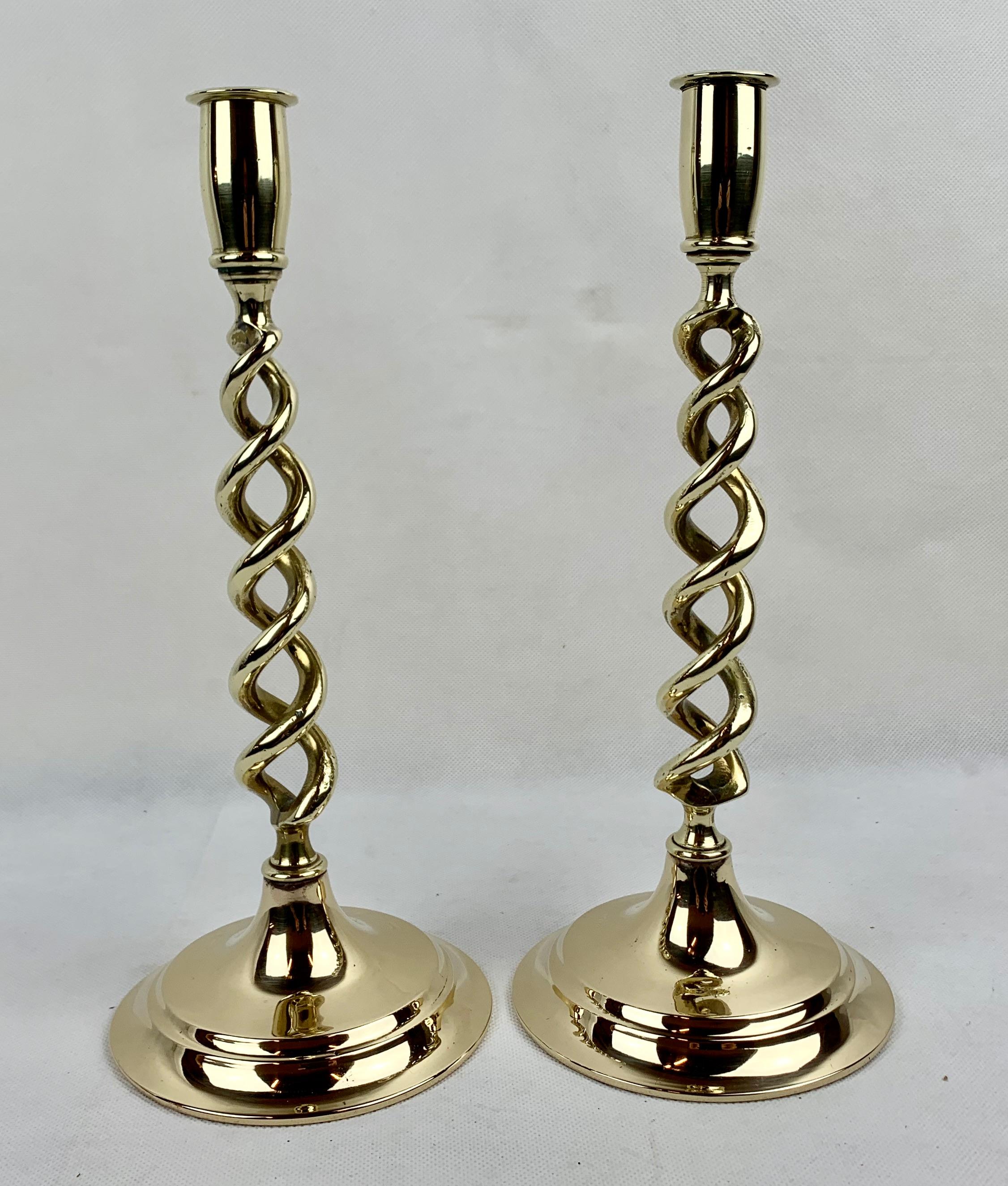 Late Victorian Solid Brass Open Barley Twist Candlesticks with Round Bases- 19th c. For Sale