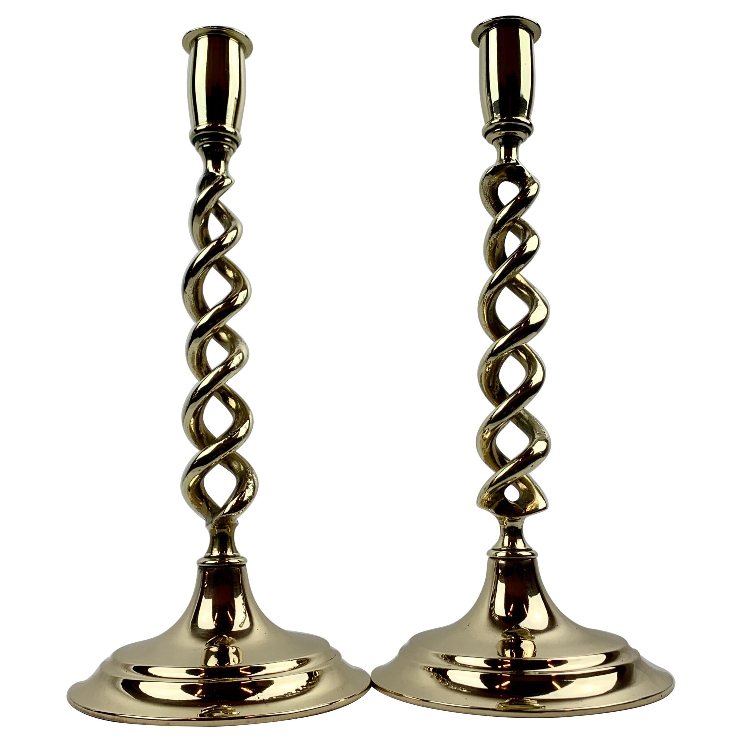 Solid Brass Open Barley Twist Candlesticks with Round Bases- 19th c. For Sale