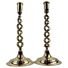 Solid Brass Pair of Open Barley Twist Candlesticks with Round Bases
